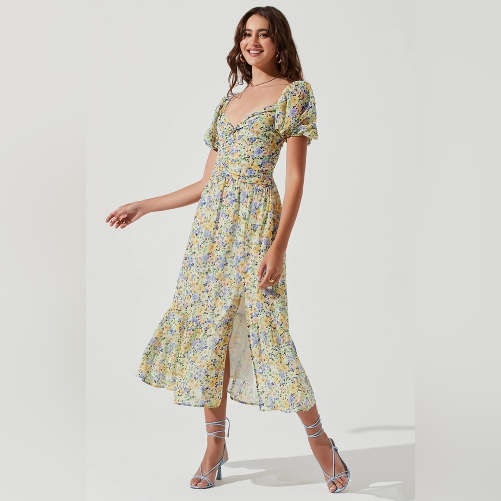 Astr Yellow Floral Midi Dress with Blue and Green Accents